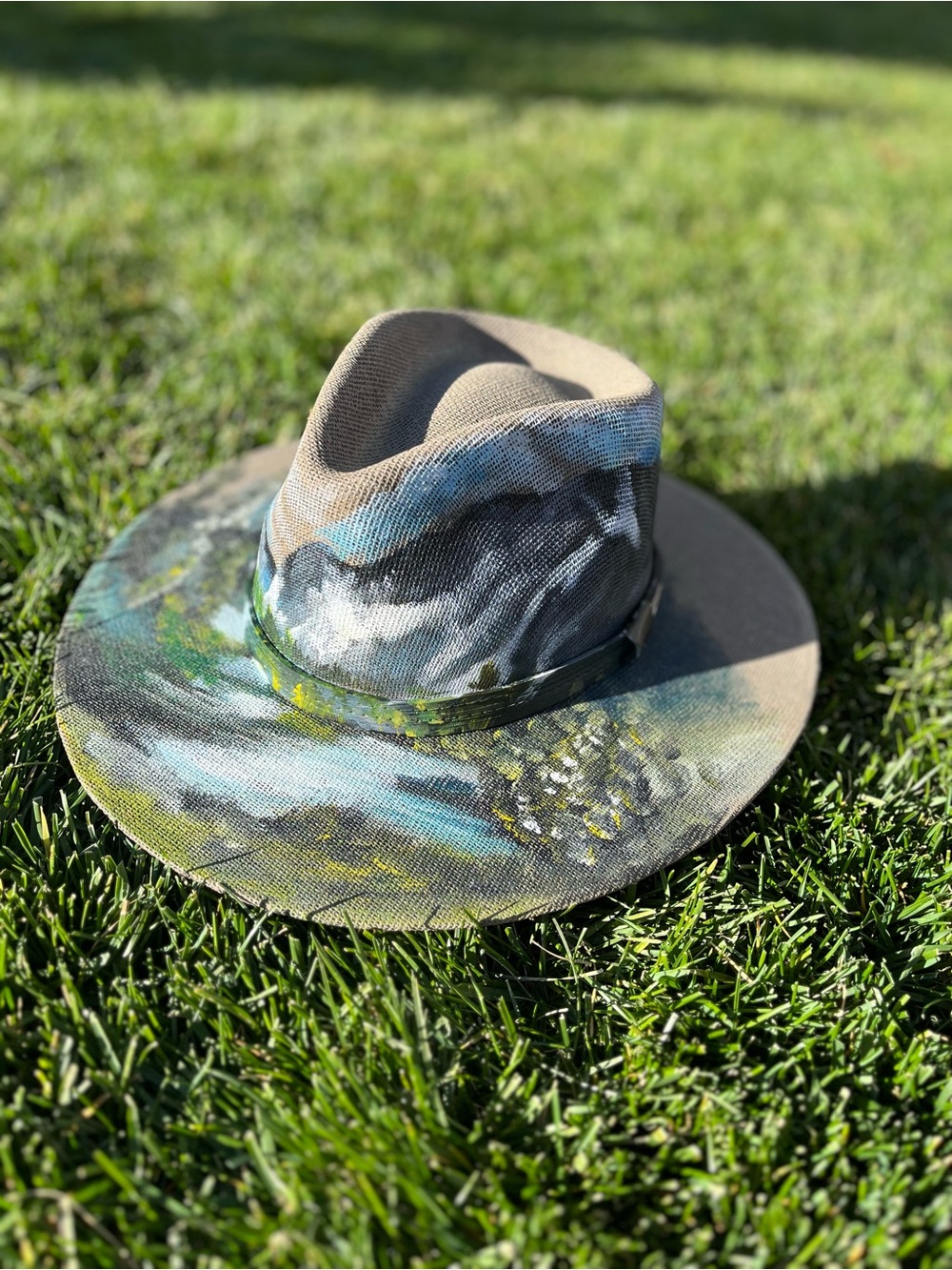 Hand-Painted Fedora Hat in Earthy Greens & Blues Mountain 🏔️ and Stream